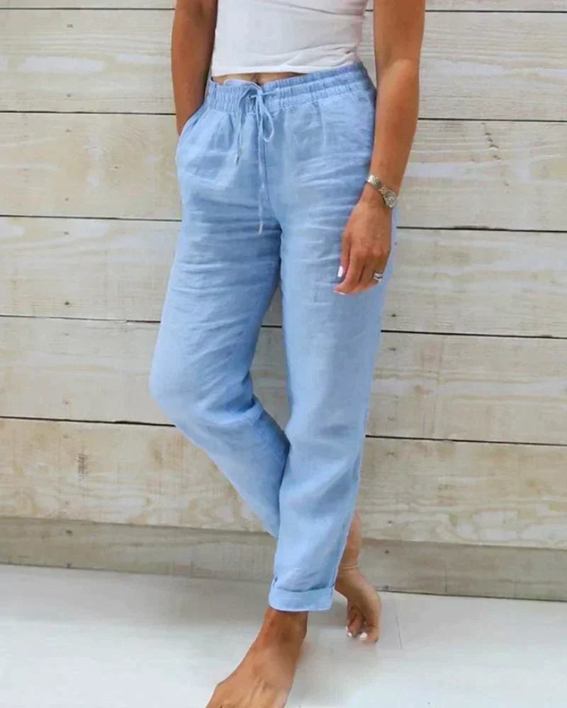 Pantalon femme en lin à taille coulissée, coupe décontractée