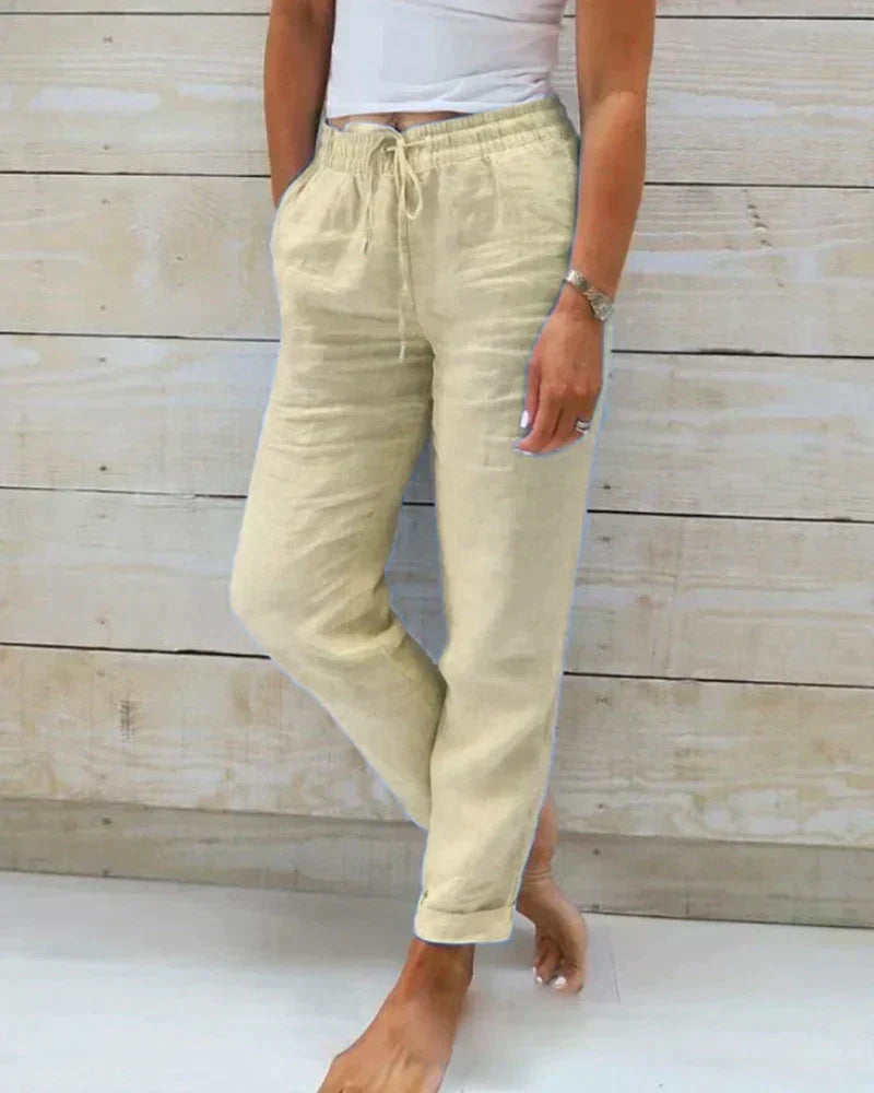 Pantalon femme en lin à taille coulissée, coupe décontractée