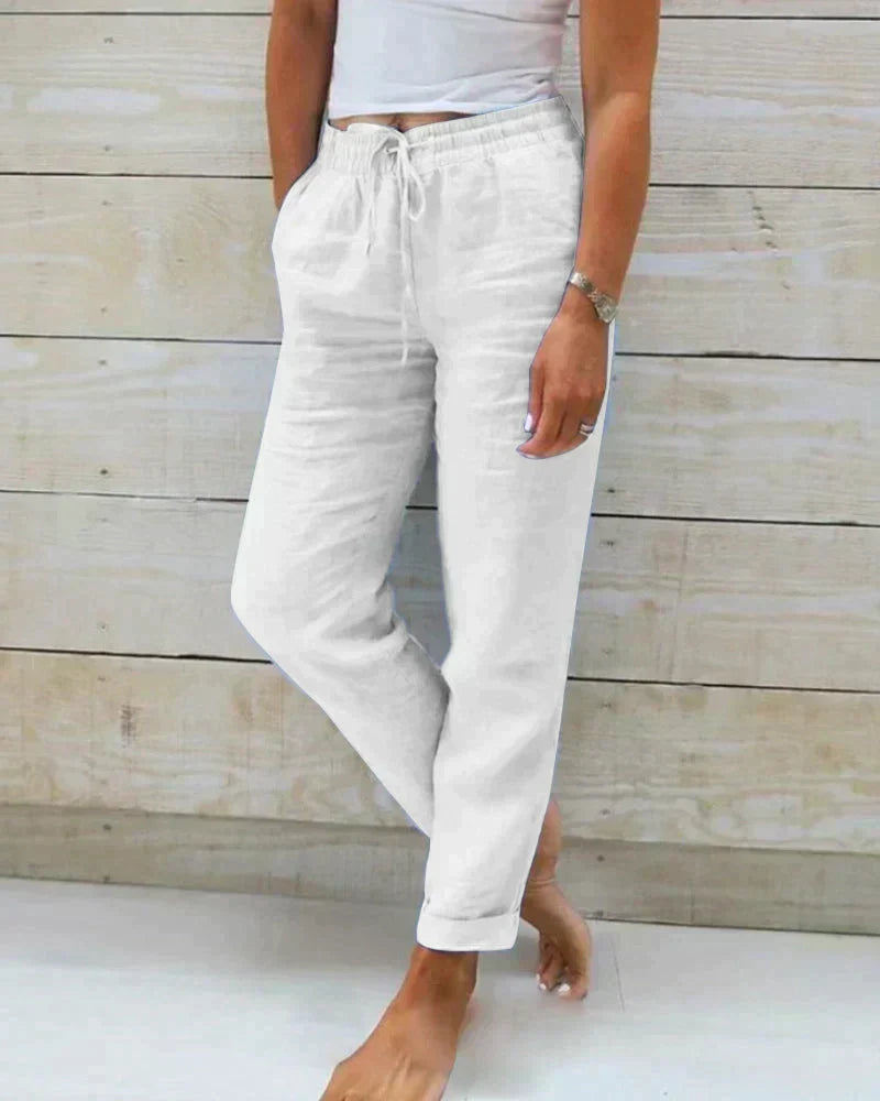 Pantalon femme en lin à taille coulissée, coupe décontractée