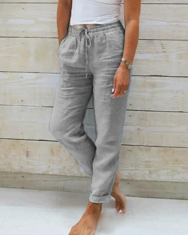 Pantalon femme en lin à taille coulissée, coupe décontractée