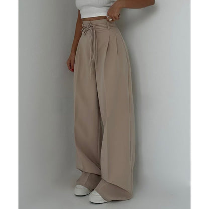 Pantalon femme plissé taille haute à jambes larges