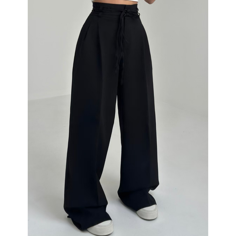 Pantalon femme plissé taille haute à jambes larges