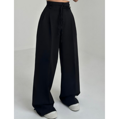 Pantalon femme plissé taille haute à jambes larges