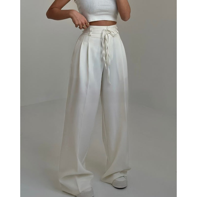Pantalon femme plissé taille haute à jambes larges