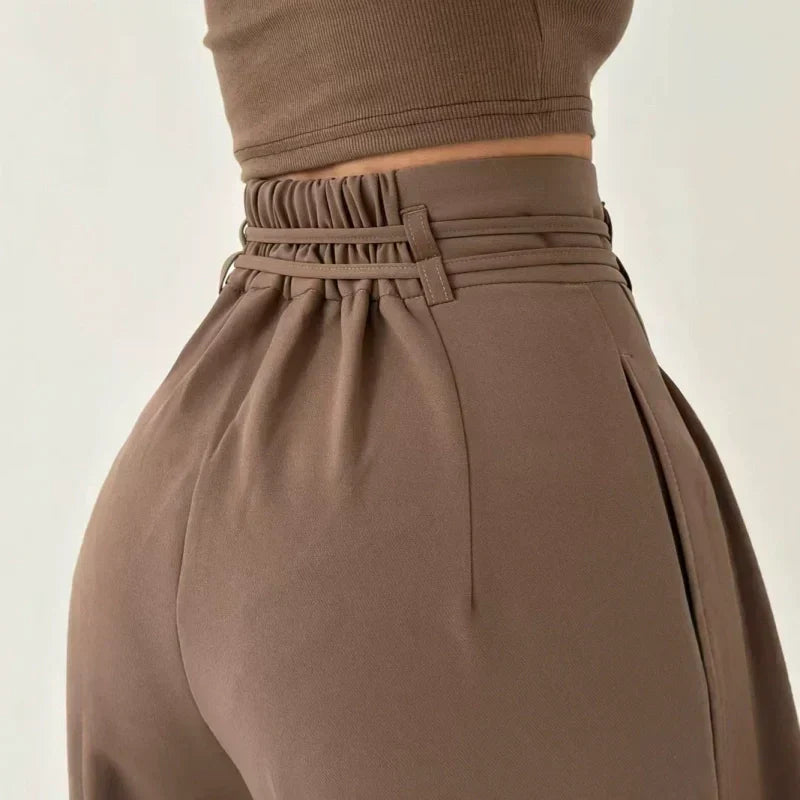 Pantalon femme plissé taille haute à jambes larges