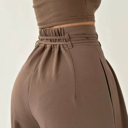 Pantalon femme plissé taille haute à jambes larges