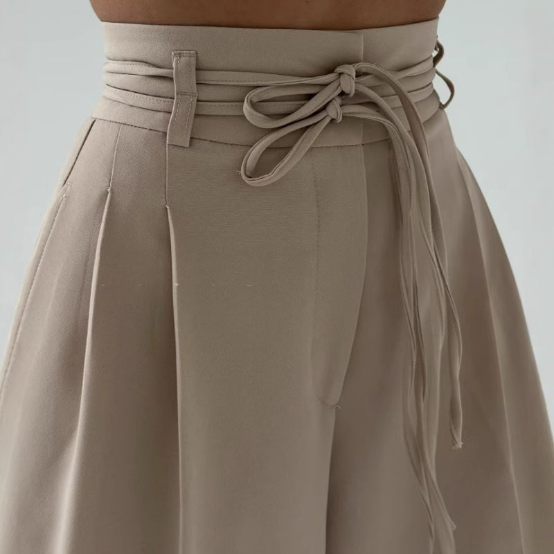 Pantalon femme plissé taille haute à jambes larges