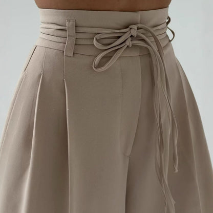 Pantalon femme plissé taille haute à jambes larges
