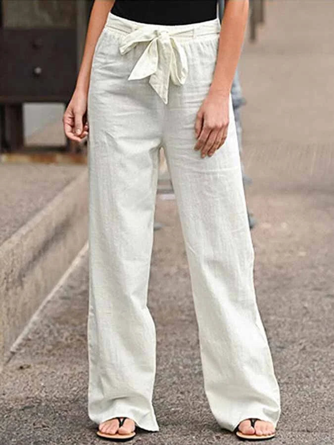 Pantalon femme taille haute à ceinture à nouer et jambes larges