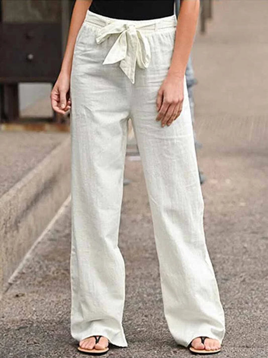Pantalon femme taille haute à ceinture à nouer et jambes larges