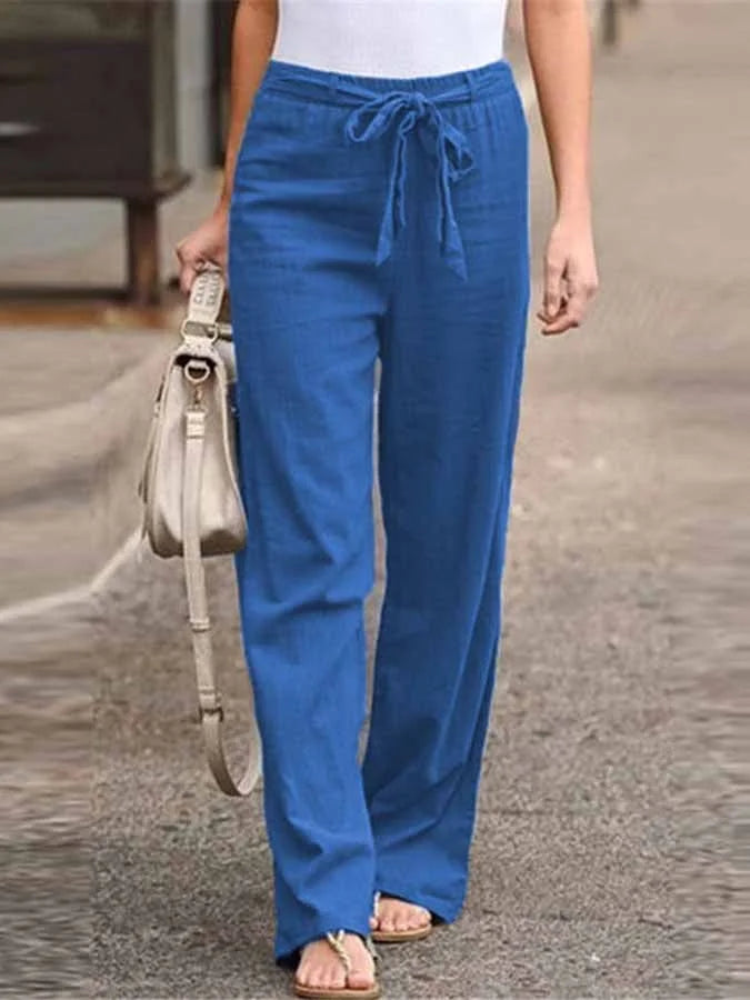 Pantalon femme taille haute à ceinture à nouer et jambes larges
