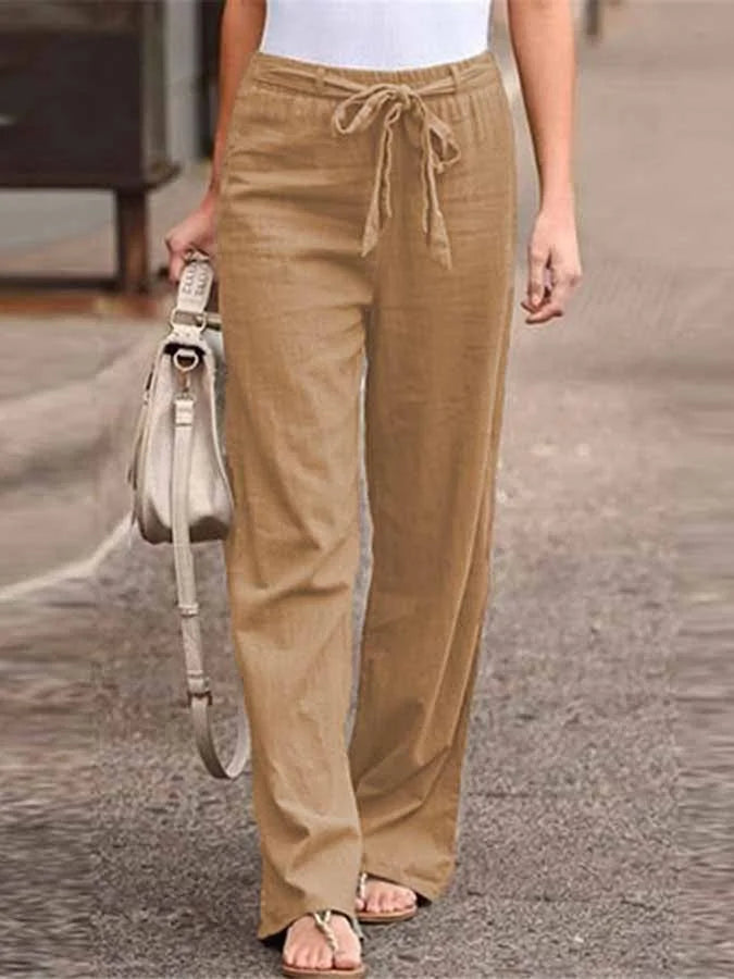 Pantalon femme taille haute à ceinture à nouer et jambes larges