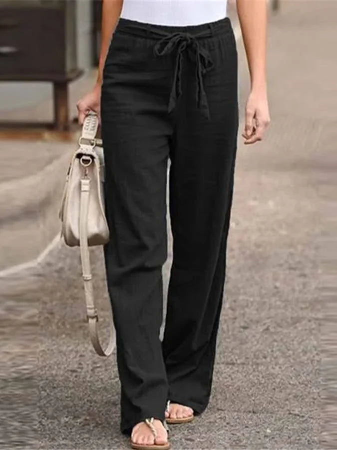 Pantalon femme taille haute à ceinture à nouer et jambes larges