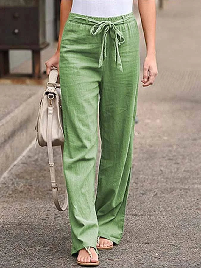 Pantalon femme taille haute à ceinture à nouer et jambes larges