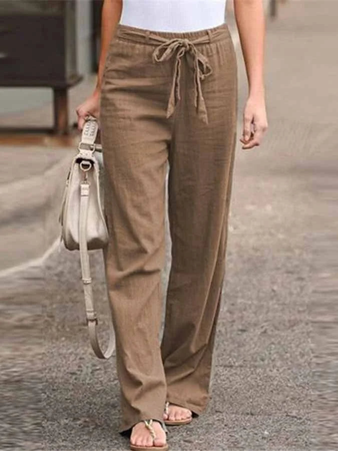 Pantalon femme taille haute à ceinture à nouer et jambes larges
