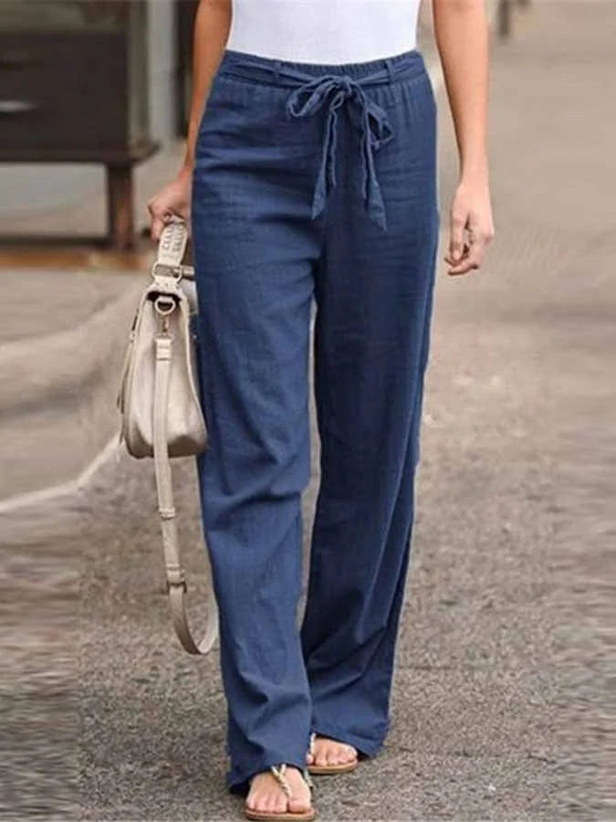 Pantalon femme taille haute à ceinture à nouer et jambes larges
