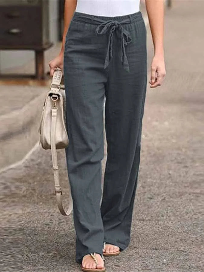 Pantalon femme taille haute à ceinture à nouer et jambes larges