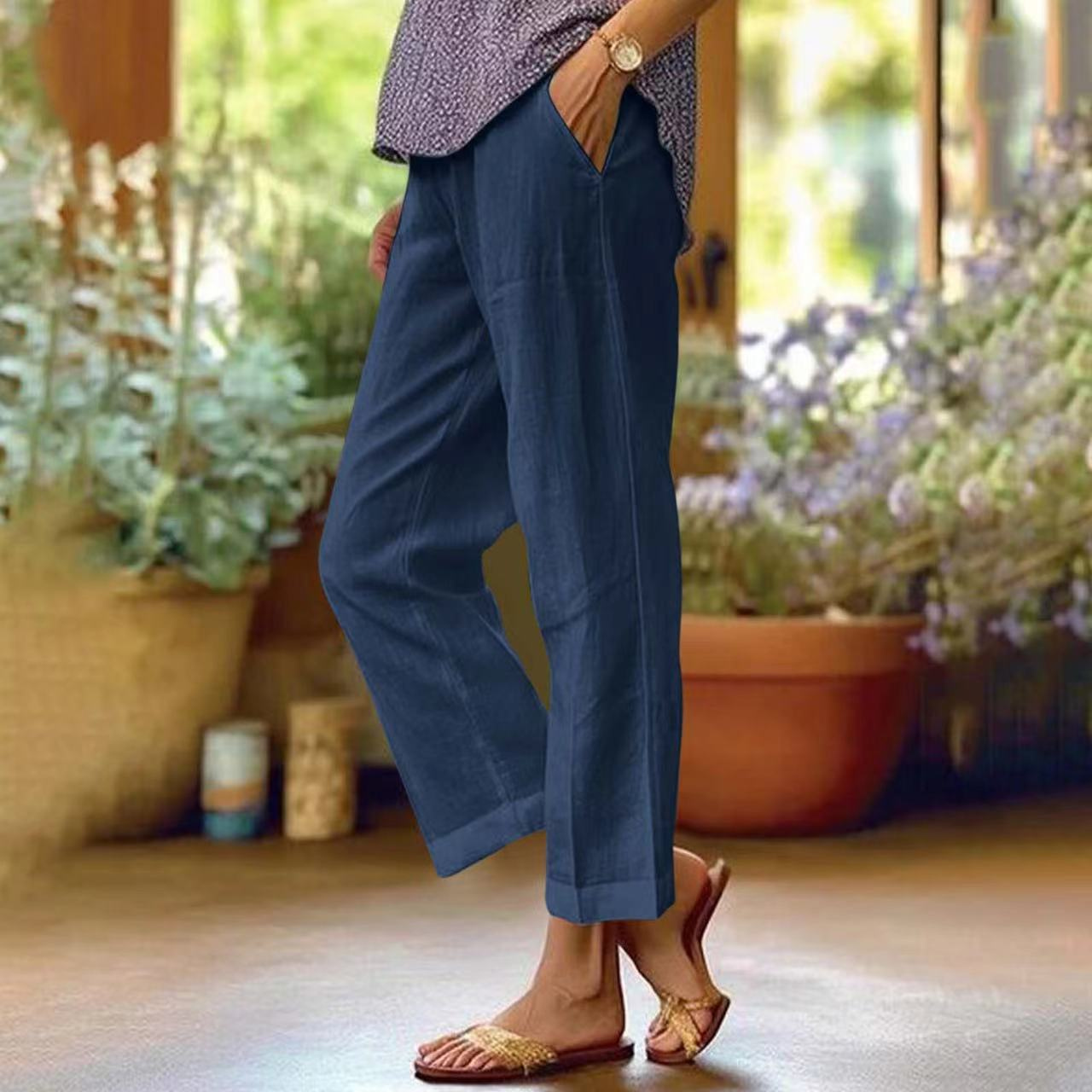 Pantalon femme taille haute raccourci