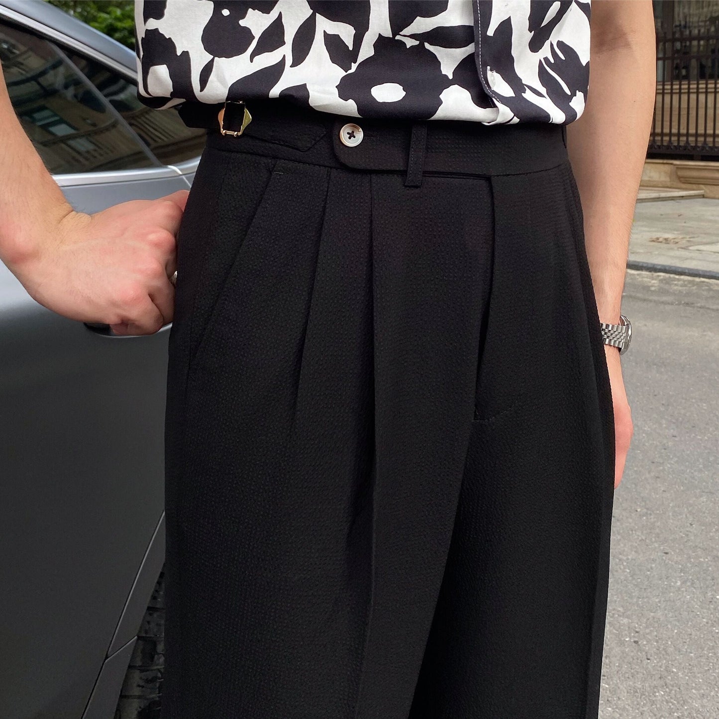 Pantalon habillé pour homme à plis, taille haute, coupe fuselée