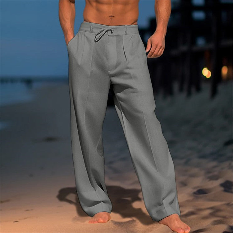 Pantalon homme à pinces, jambe large, taille à cordon de serrage, coupe décontractée
