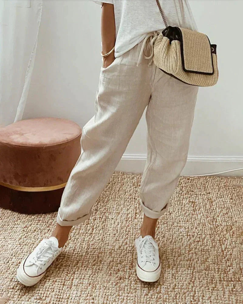 Pantalon raccourci en lin à cordon de serrage pour un style décontracté
