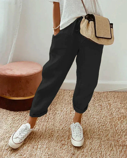 Pantalon raccourci en lin à cordon de serrage pour un style décontracté