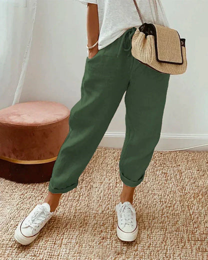 Pantalon raccourci en lin à cordon de serrage pour un style décontracté