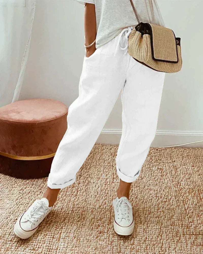 Pantalon raccourci en lin à cordon de serrage pour un style décontracté