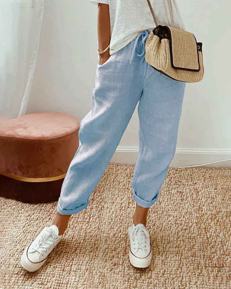 Pantalon raccourci en lin à cordon de serrage pour un style décontracté