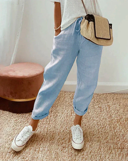 Pantalon raccourci en lin à cordon de serrage pour un style décontracté