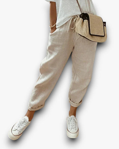 Pantalon raccourci en lin à cordon de serrage pour un style décontracté