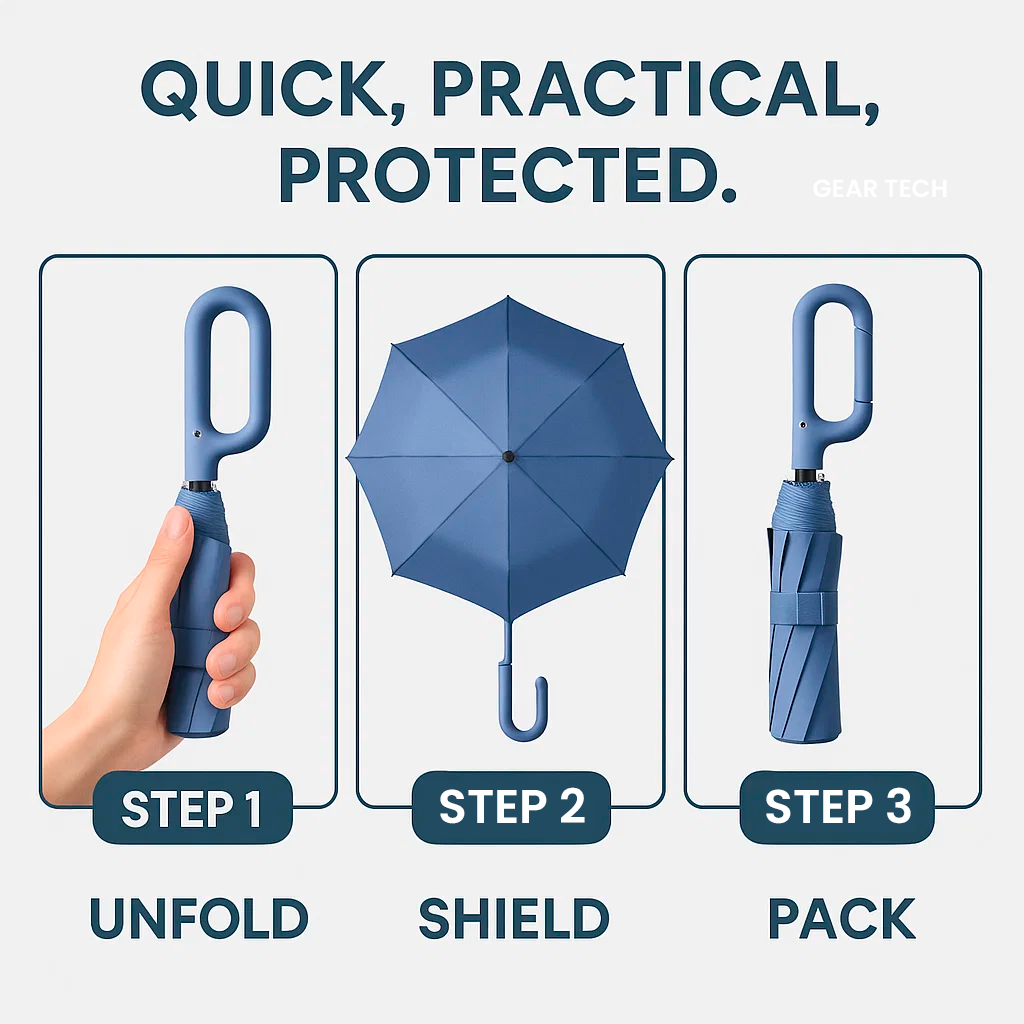 Parapluie pliant automatique résistant au vent avec poignée à grande boucle – compact et durable