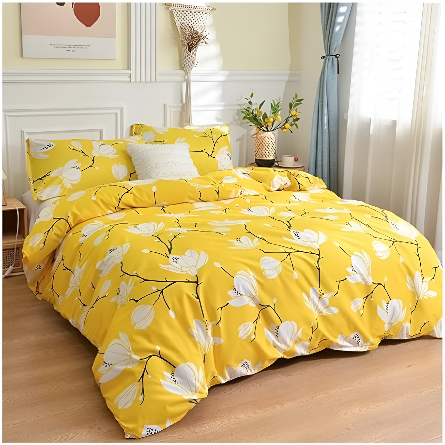 Parure de housse de couette 3 pièces fleur jaune