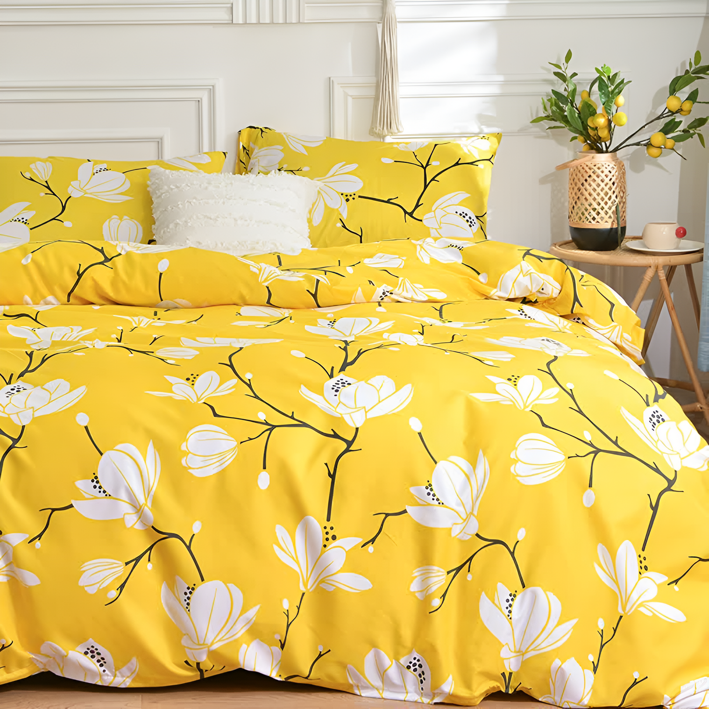 Parure de housse de couette 3 pièces fleur jaune