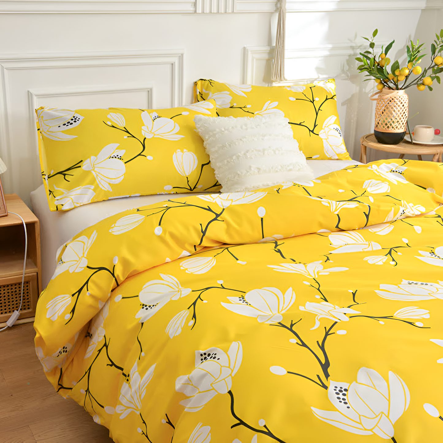 Parure de housse de couette 3 pièces fleur jaune