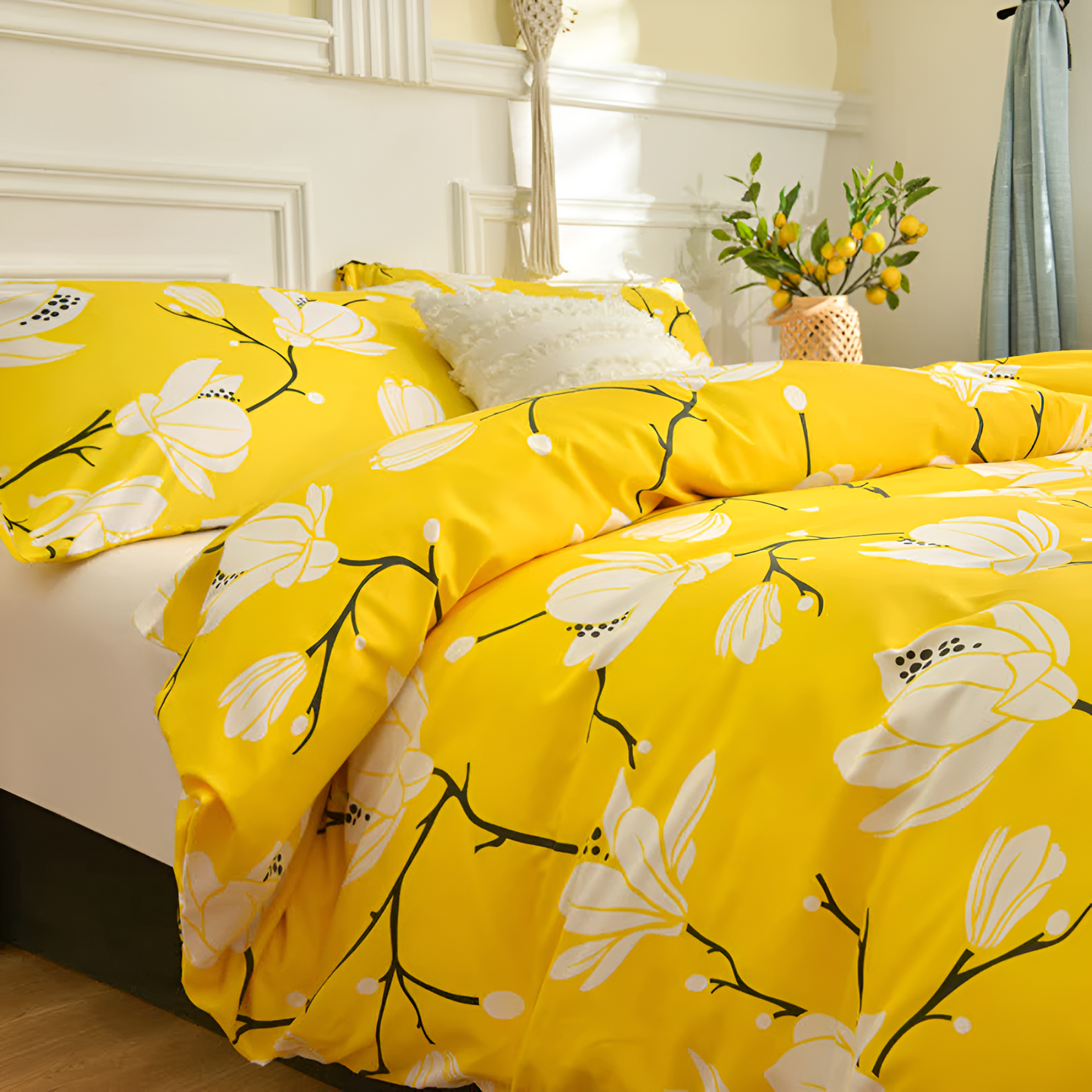 Parure de housse de couette 3 pièces fleur jaune