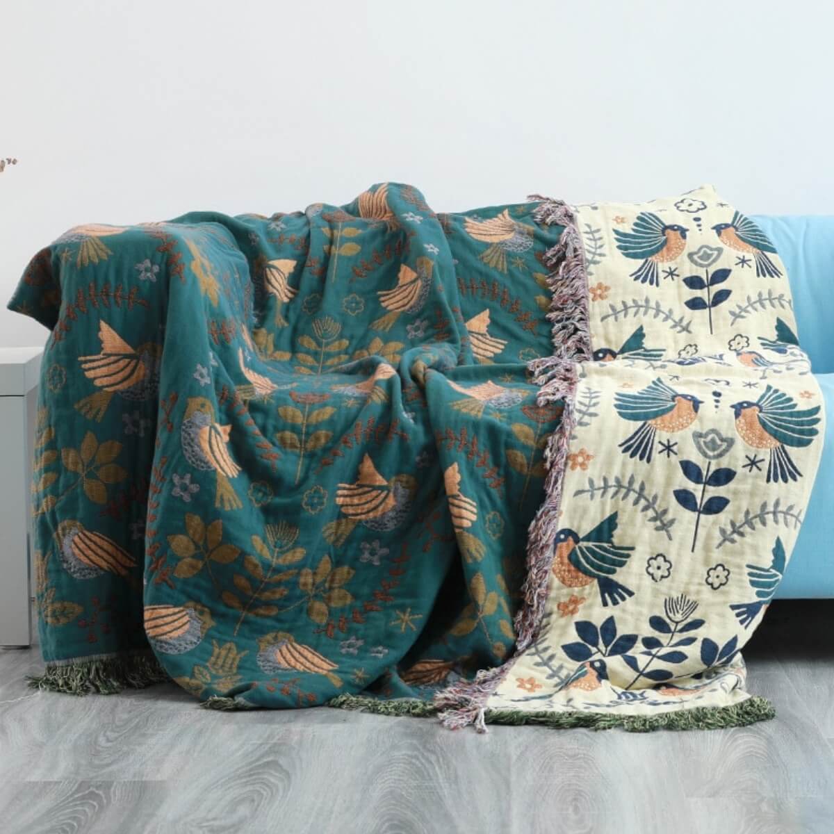 Plaid réversible à motifs d’oiseaux scandinaves – douillet et polyvalent pour toutes les saisons