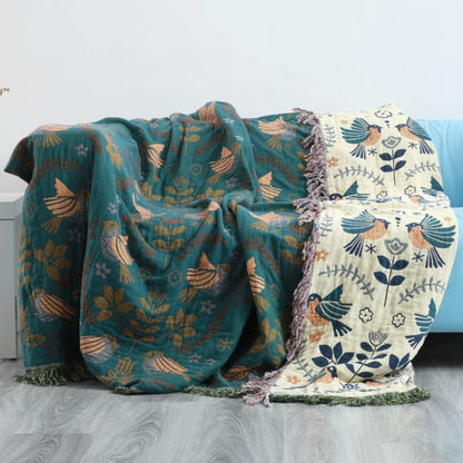 Plaid réversible à motifs d’oiseaux scandinaves – douillet et polyvalent pour toutes les saisons
