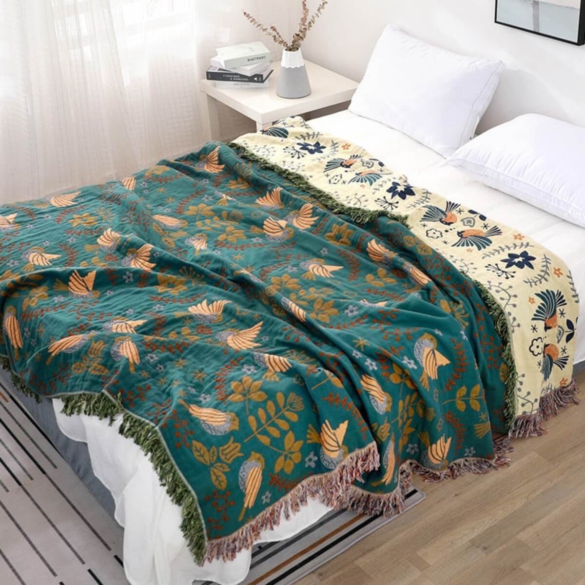 Plaid réversible à motifs d’oiseaux scandinaves – douillet et polyvalent pour toutes les saisons