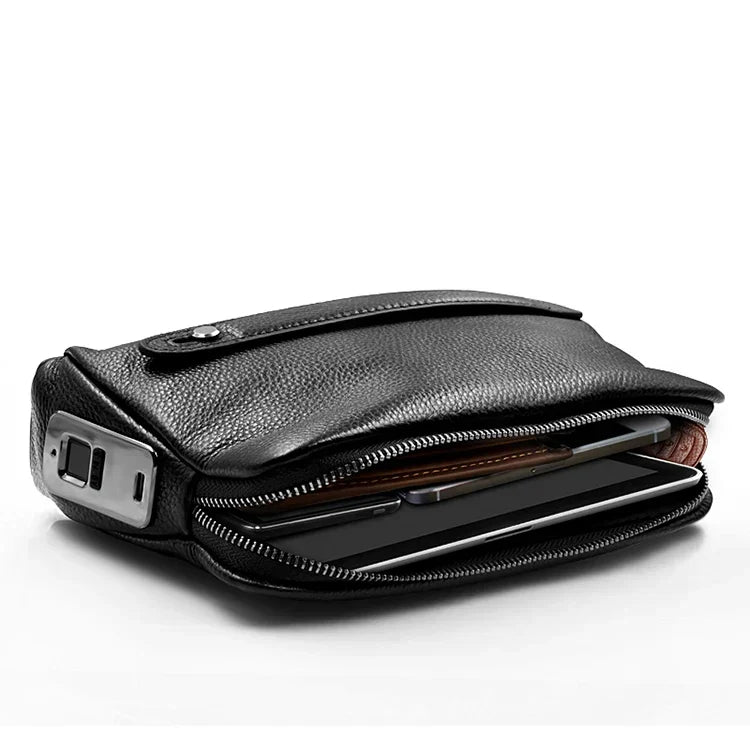 Pochette antivol en cuir pour homme avec serrure à empreinte digitale – bleu-noir