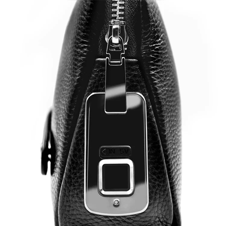 Pochette antivol en cuir pour homme avec serrure à empreinte digitale – bleu-noir