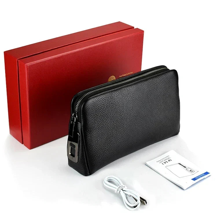 Pochette antivol en cuir pour homme avec serrure à empreinte digitale – bleu-noir