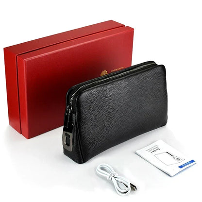 Pochette antivol en cuir pour homme avec serrure à empreinte digitale – bleu-noir
