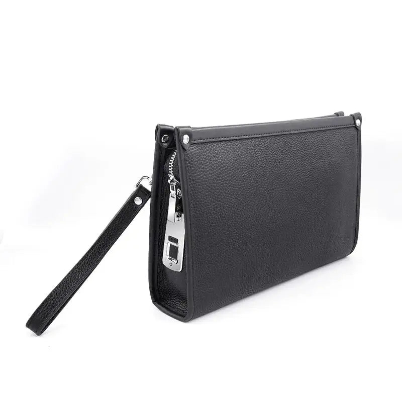 Pochette d’affaires pour homme en cuir véritable avec serrure à empreinte digitale – noir