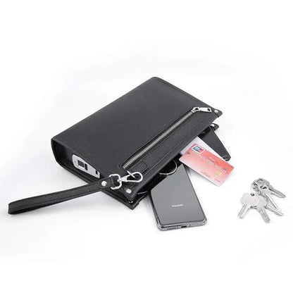 Pochette d’affaires pour homme en cuir véritable avec serrure à empreinte digitale – noir