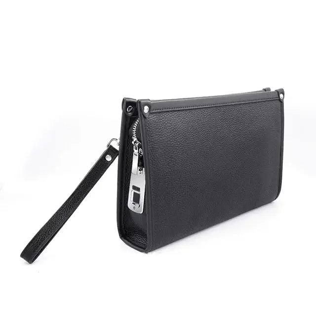 Pochette d’affaires pour homme en cuir véritable avec serrure à empreinte digitale – noir