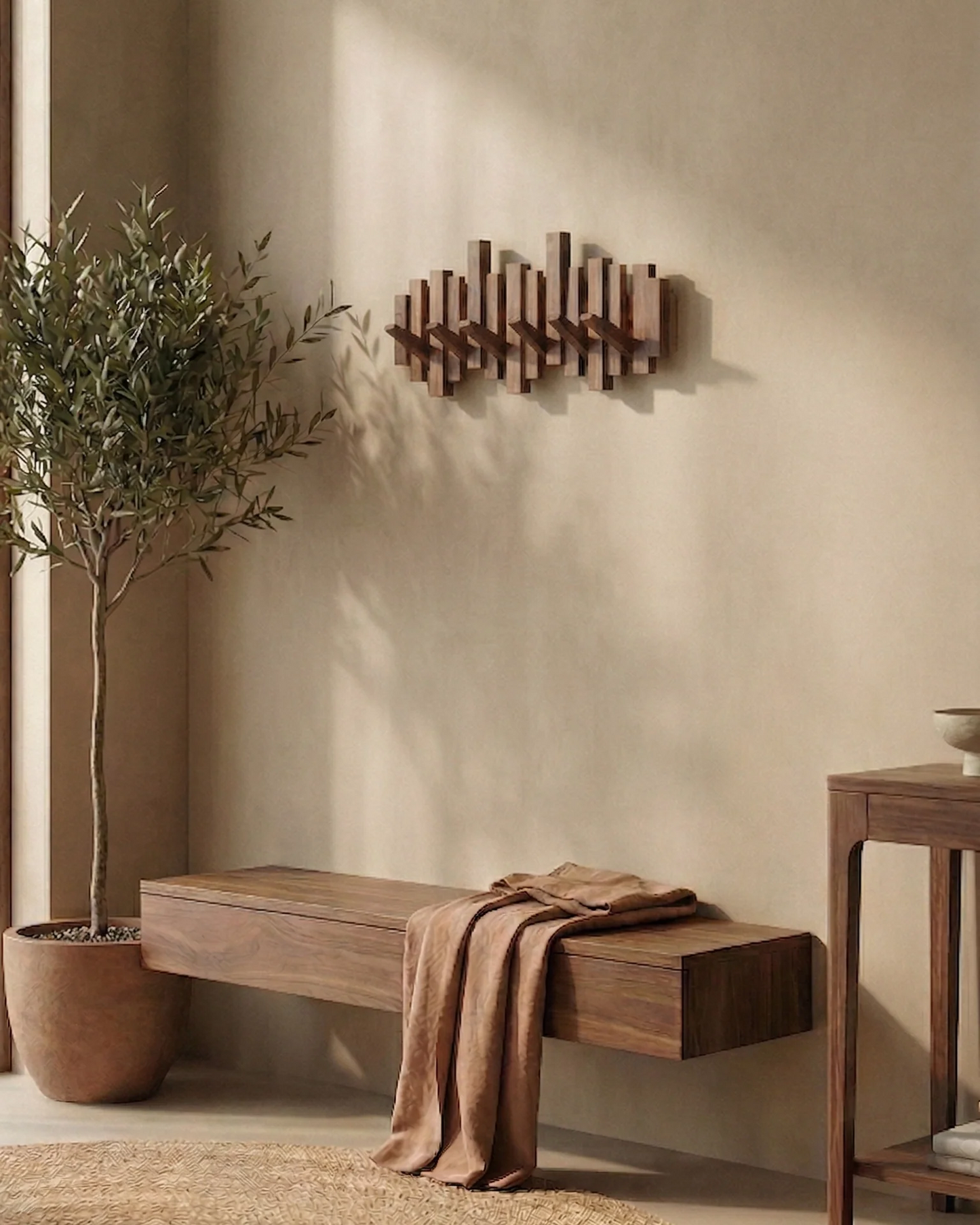 Porte-manteau mural style piano - noyer/hêtre - design élégant
