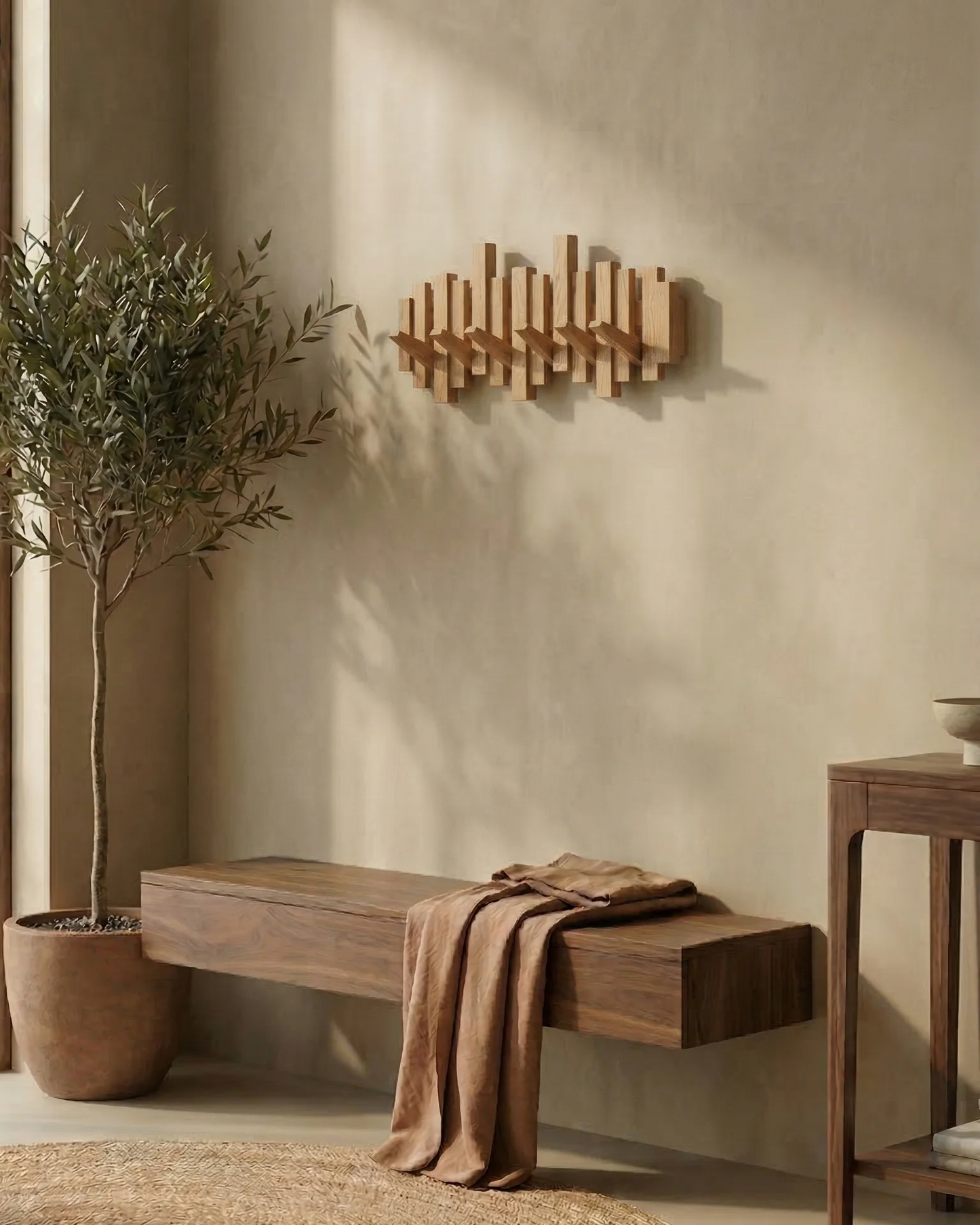 Porte-manteau mural style piano - noyer/hêtre - design élégant