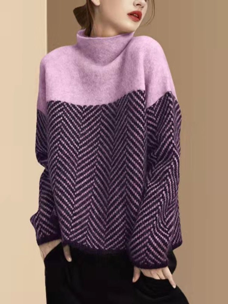 Pull à col roulé color-block femme
