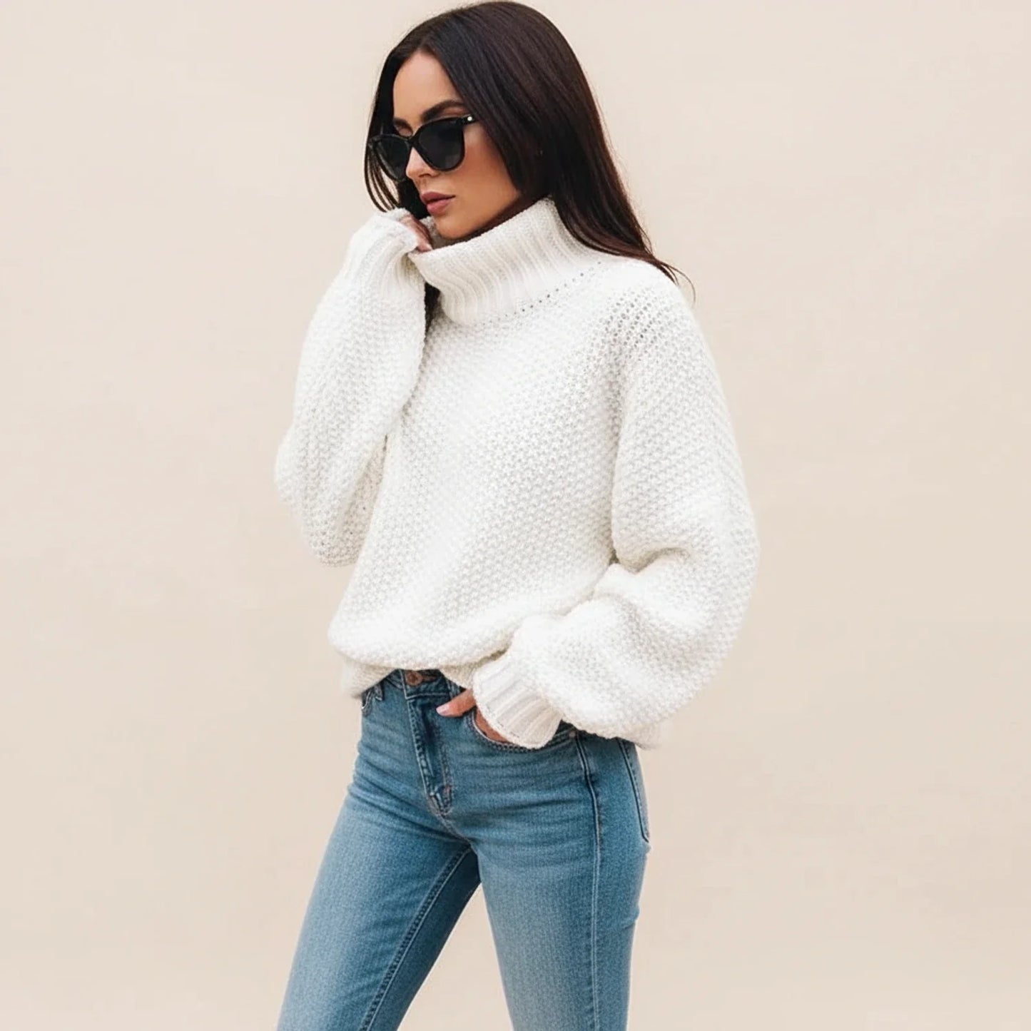 Pull à col roulé en maille épaisse pour femme